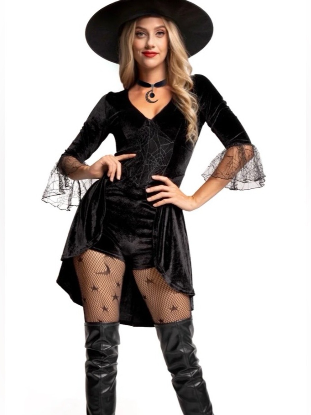 Tipsy Elves Black Velvet Witch Costume Romper Dress Halloween